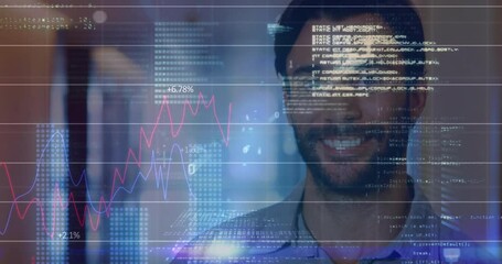 Poster - Animation of financial data processing over biracial businessman in office