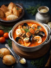 Wall Mural - French bouillabaisse stew, full of Mediterranean seafood and tomatoes, cinematic food photography 