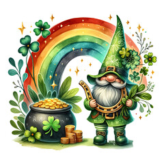 St. Patrick's Day Rainbow Gnome Clipart - Hand-Drawn Lucky Gnomes and Pot of Gold