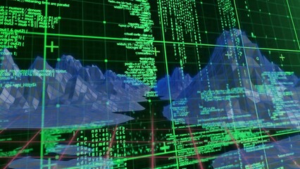 Poster - Animation of data processing over digital mountains on black background