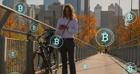 Poster - Animation of bitcoin symbols over caucasian businessman using smartphone on bridge