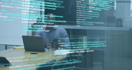 Poster - Animation of data processing over senior african american man using smartphone and laptop in office