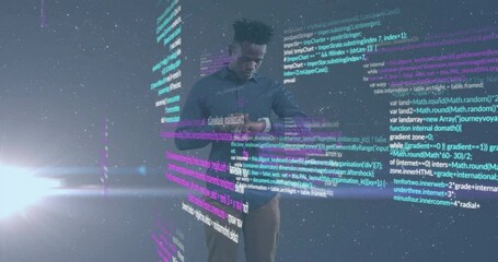 Poster - Animation of data processing and spotlight over african american man using smartwatch