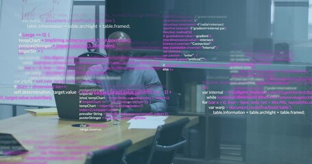 Poster - Animation of data processing over senior african american man using smartphone and laptop in office