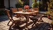 Wooden garden furniture on the terrace with floor made of wooden planks and plant decoration