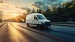 Modern delivery shipment cargo courier van moving fast on motorway road, fast package delivery