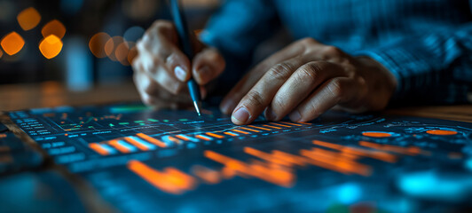 Aufkleber - Close up Financial Analysis, A focused businessman calculates long-term investment growth, studying digital graphs and positive indicators for the development and success of companies.