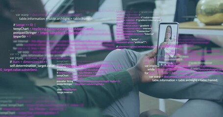 Poster - Animation of data processing over diverse colleagues having smartphone video call