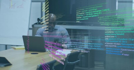 Poster - Animation of data processing over african american businessman using laptop
