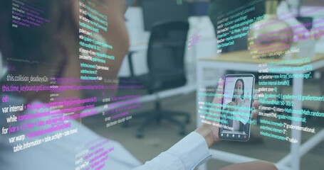 Poster - Animation of data processing over african american businesswoman using smartphone