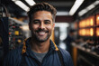 Portrait of a male electrician or technician smiling while looking at the camera in a workshop type of environment