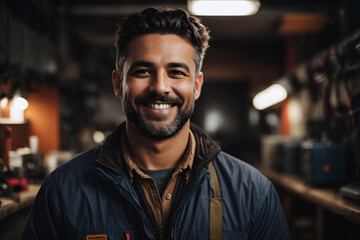 Wall Mural - Portrait of a male electrician or technician smiling while looking at the camera in a workshop type of environment