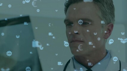 Poster - Animation of finance and retail icons over caucasian male doctor holding x ray