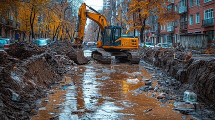 Sticker - Repair of communications. Water supply, sewerage electrician. Excavated road in the city.