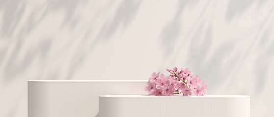 Wall Mural - 3D minimal background. 3D Podium nature light shadow and sakura white background for cosmetics, perfume, product presentation. 3D illustration