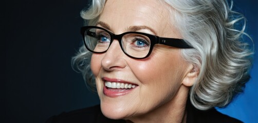  a close up of a person wearing glasses with white hair and a black shirt and black blazer and a blue background.