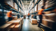 Motion blur captures the fast-paced environment of workers and machinery in a bustling warehouse setting.