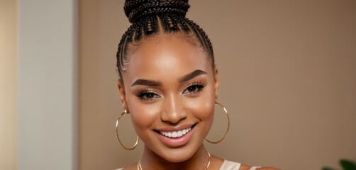 Canvas Print -  a close up of a person wearing large gold hoop earrings and a top knot hairstyle with a smile on her face.