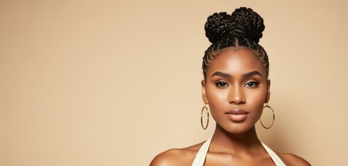 Sticker -  a woman wearing a white halter top and a pair of large hoop earrings, with her hair in a bun.