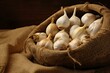 Close-up of garlic heads in clay bowl on burlap. Generative AI
