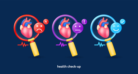 Wall Mural - Heart in magnifying glass looking diagnose with icon sadly face worried and smiling. Pulse, thunder, exclamation, check mark. Medical health care check up. 3d organ anatomy cartoon vector.