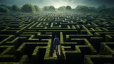 Fototapeta  - Tiny man entering a mysterious maze, labyrinth. Making right decision concept