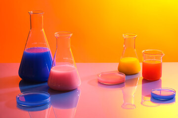 Wall Mural - Front view of laboratory equipments: erlenmeyer flasks, beaker and petri dishes filled with colorful solution displayed on orange gradient background. Empty space for cosmetic product presentation