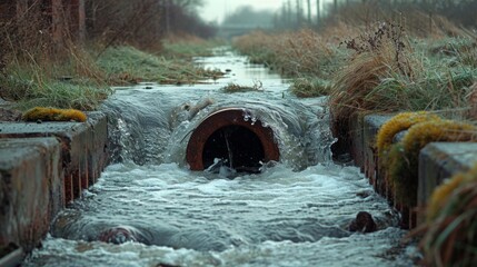 Canvas Print - Water flow stops away from the sewer into the river, which is grass-covered coast.