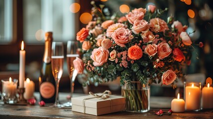 Champagne and beautiful rose bouquet. Romantic date, candle light dinner setting