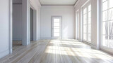 Fototapeta  - A room with a wooden floor and a large window. This asset is suitable for interior design, architecture, real estate, and home renovation concepts. Empty room in a bright clean interior ,