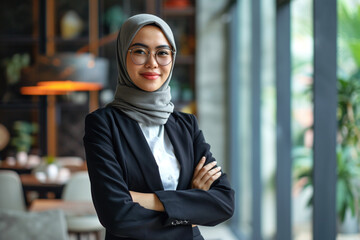 Wall Mural - Successful portrait of young beautiful confident Asian Muslim business woman in hijab. Standing in the office, smiling, looking at the camera crossed her arms. Digital Entrepreneur Works on e-Commerce