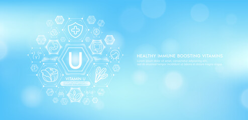 Vitamin U or S-Methylmethionine with medical icons. Vitamins minerals from natural essential health skin care body organs healthy. Build immunity antioxidants digestive system. Banner vector EPS10.