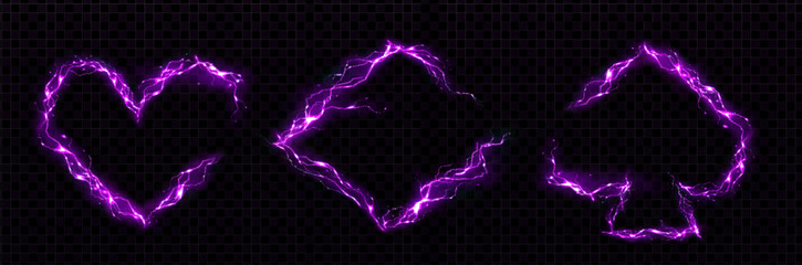 Poster - Purple lightning frames set isolated on transparent background. Vector realistic illustration of heart, rhombus, spade shape borders, thunderbolt design elements for game ui design, electric discharge