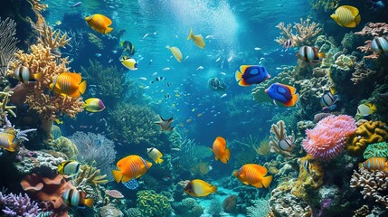 Wall Mural - 3d wallpaper coral reef tropical colorful fish in the water aquarium