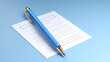 3d illustration of pen putting blue ticks on paper,no people,blue background,front view