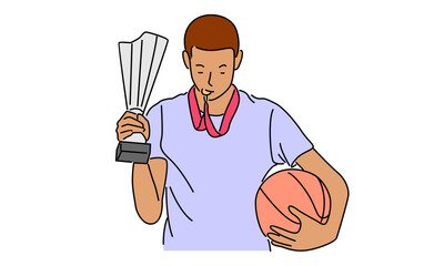 Wall Mural - line art color of man holding trophy and basketball