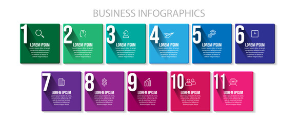 Aufkleber - business infographic 11 parts or steps, there are icons, text, numbers. Can be used for presentation banners, workflow layouts, process diagrams, flow charts, info graphics, your business presentation