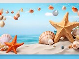 Fototapeta Morze - sea shells and starfish on sand