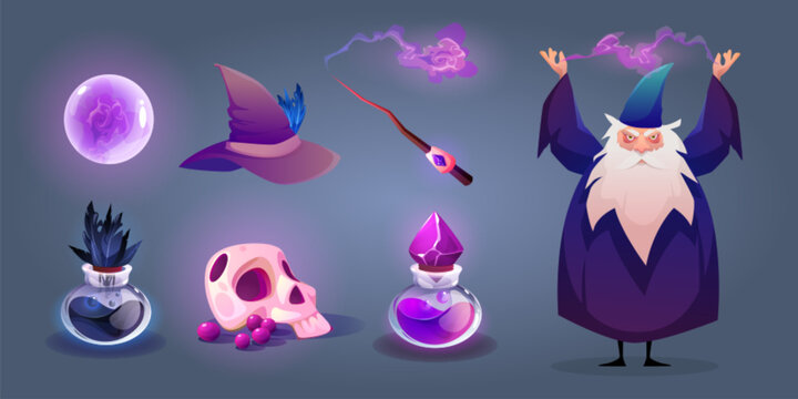 Wizard with magic stuff. Cartoon vector set - old male sorcerer character in long purple cloak with grey beard casting spell, fantasy fortune teller ball, potion in glass bottle, magician wand and hat