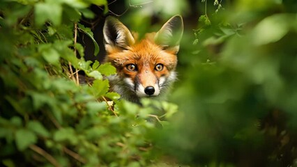 a red fox peeking out from a dense hedgerow, a common feature on farms with mixed habitats that act 