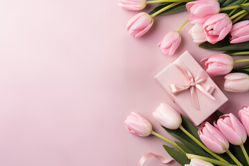 Wall Mural - Beautiful, stylish Mothers Day or Valentines Day background or banner. Flowers and presents with copy space