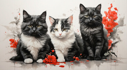 Naklejka na meble Red flowers and three cats. illustration in watercolor style. Generative Ai