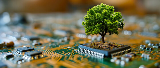 Wall Mural - small, full green tree planted atop a complex electronic circuit board, highlighting a striking contrast between organic life and technology