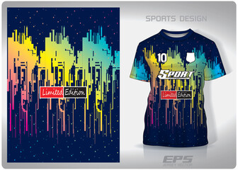 Vector sports shirt background image.The silhouette of the building in the rainbow sky pattern design, illustration, textile background for sports t-shirt, football jersey shirt.eps