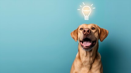 Wall Mural - Labrador retriever dog with a light bulb on a blue background