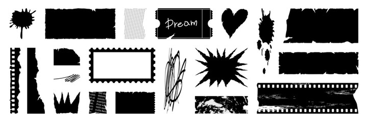 Wall Mural - Set of grunge torn paper, film strip, jagged rectangle. Heart, star and crown shape. Punk elements for sticker, collage, banner. Vector illustration isolated on white background.