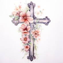 Watercolor Cross With Flowers Isolated On A White Background. Floral Easter Cross Illustration. Gray Vintage Christian Symbol With Beautiful Pink Flowers For First Communion, Baptism, And More.