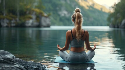 Poster - Woman practicing advanced yoga by the water