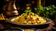 couscous served on wooden table with blurred background