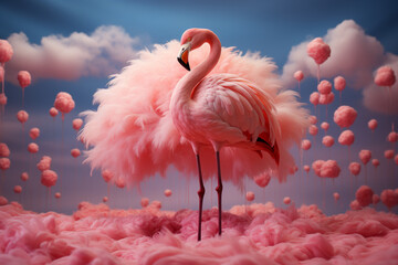 Aufkleber - A flamingo cloud standing on one leg on a vibrant pink background.